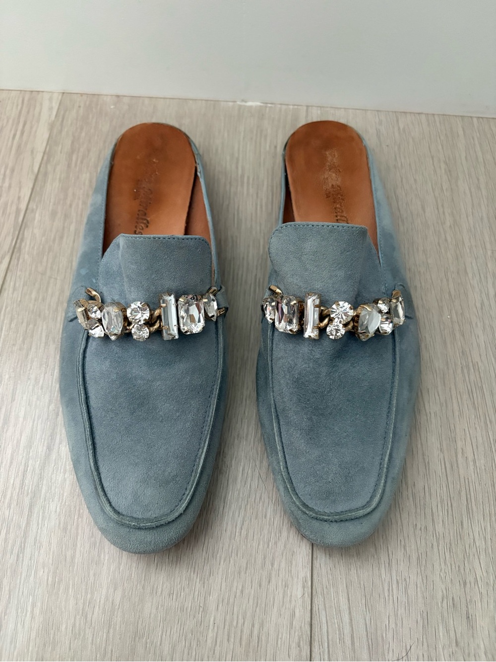 Suede & Leather Jeweled Slip-On Loafers - Light Blue- Made in Spain Size Euro 38